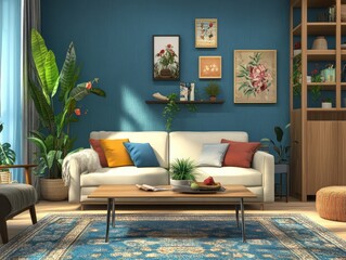 Modern Living Room Decor With Teal Walls And Plants