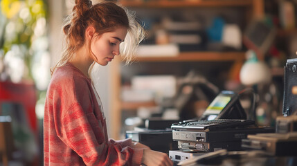 Young adult engaged in vintage electronics collection activity