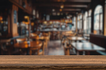 Empty wooden table top with lights bokeh on blur restaurant background. Wooden table for product placement or montage with focus table top, outdoors bokeh background. Close up of wooden table in cafe