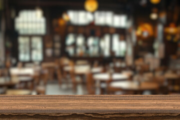 Empty wooden table top with lights bokeh on blur restaurant background. Wooden table for product placement or montage with focus table top, outdoors bokeh background. Close up of wooden table in cafe