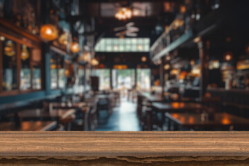 Empty wooden table top with lights bokeh on blur restaurant background. Wooden table for product placement or montage with focus table top, outdoors bokeh background. Close up of wooden table in cafe