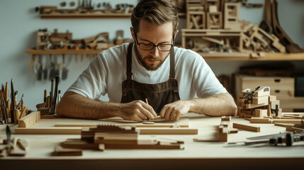 A skilled carpenter works intently on a wooden project, surrounded by tools and wooden planks, all displayed on a white background.
