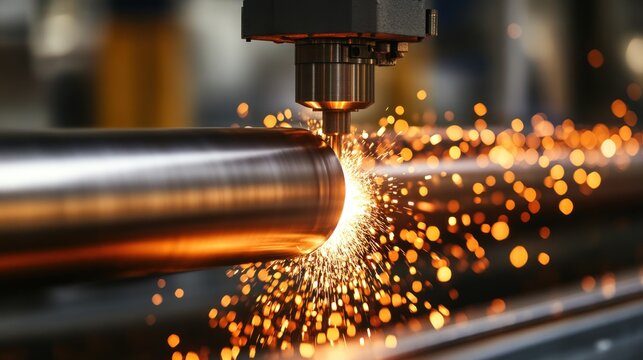 Close-up of industrial laser cutting metal pipe with sparks.