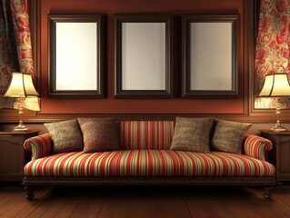 Fototapeta premium Elegant Striped Sofa with Three Empty Frames in a Rich Room