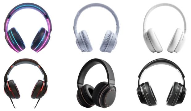 Headphones isolated on transparent background, Set of