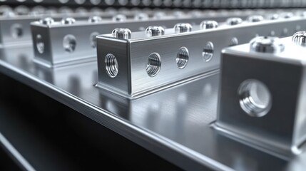 Obraz premium Close-up of metallic bars with threaded holes on a metal surface.