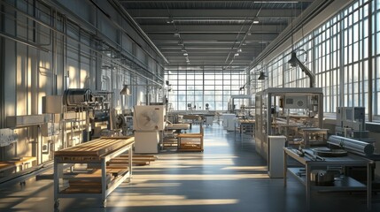 Sunlit Industrial Factory Interior: Machinery, Steel, and Sunlight