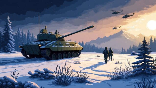 Wallpaper retro game, winter military battle, pixel art