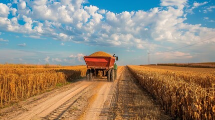 Soybean Harvest: Tractor Hauls Trailer Load