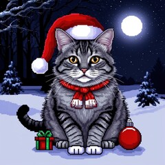 Pixel styles, cat in Christmas and winter background