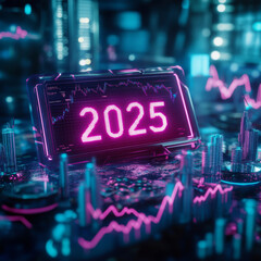 Futuristic digital display with 2025 in neon lights