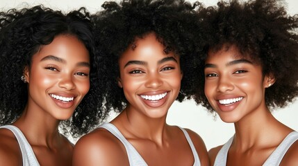 Joyful group of three women with beautiful curly hair smiling together
