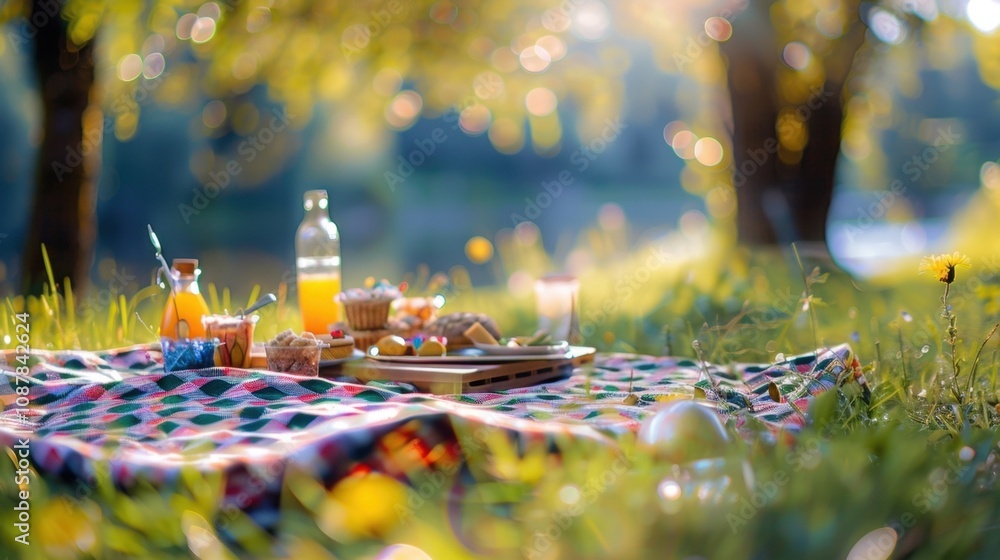 Poster hazy picnickers relaxing on checkered blankets and indulging in tasty snacks.