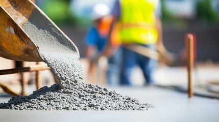 Pouring fresh concrete at construction site with blurred workers in background