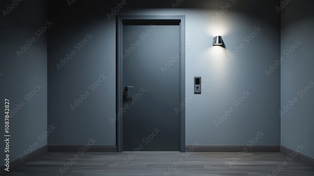 Poster the entrance of a high-tech home displays smart security systems including motion sensors, cameras, 