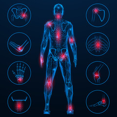 Human skeleton from the back, joint pain. Polygonal design of lines and dots. Blue background.