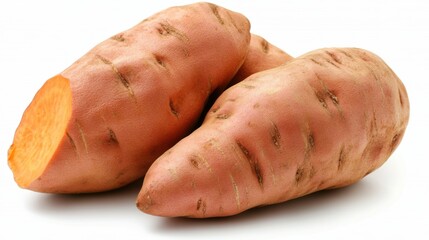 Fresh and organic sweet potatoes and exotic root vegetables on minimalistic backgrounds, isolated with decorative floral elements, showcasing earthy textures and vibrant colors.