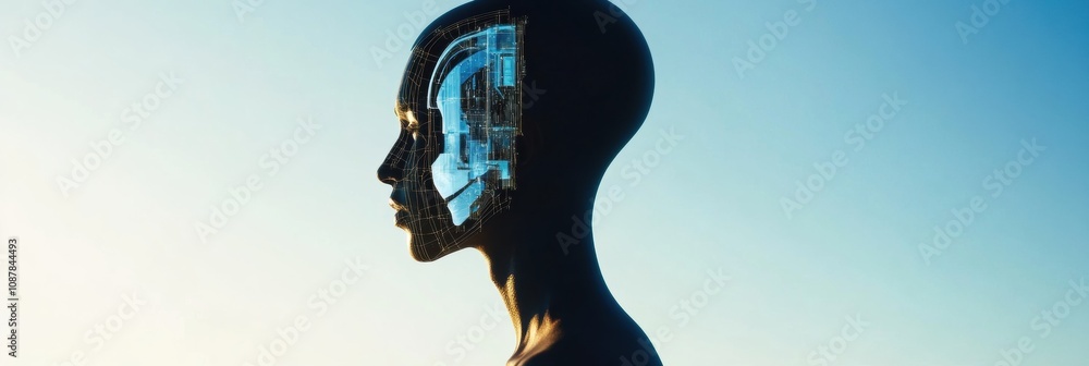 Aufkleber a human observes their reflection in a digital mirror, revealing a robotic version that symbolizes t