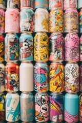Fototapeta premium Vibrant variety top view of diverse aluminum drink cans displaying distinctive colors and patterns