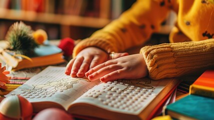 Child reading braille book in cozy library with warm lighting and autumn vibes