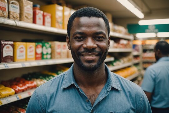 Close portrait of a smiling 40s Angolan male grocer standing and looking at the camera, Angolan grocery store blurred background