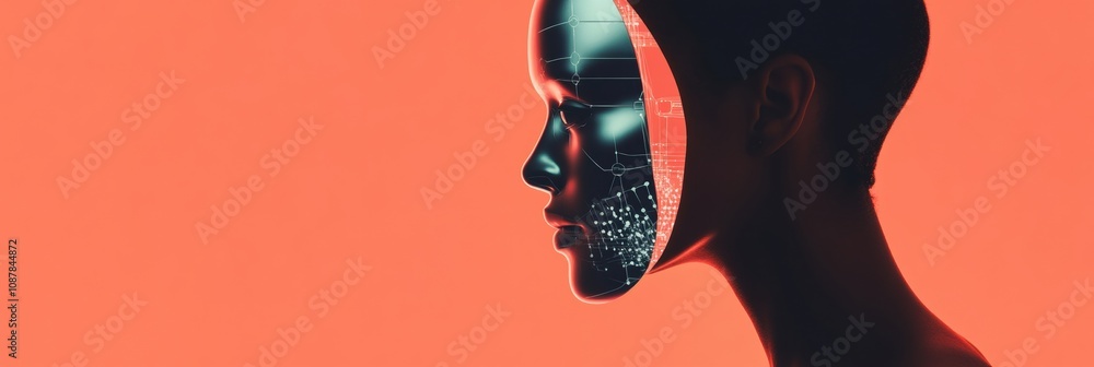 Aufkleber a person gazes into a digital mirror, seeing an ai reflection that blends human and robotic traits i