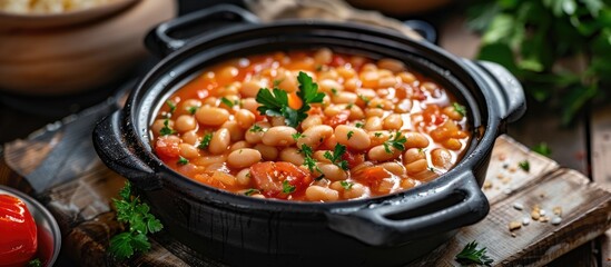 White Beans and Tomatoes in Black Casserole Dish