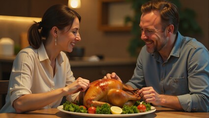 Celebrating together with a beautifully roasted turkey during a cozy intimate dinner at home