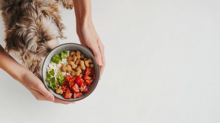 Pet sitter preparing nutritious meal for dog in studio setting