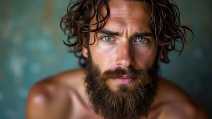 A man with messy curly hair and a thick beard looks directly at the viewer, showcasing his striking green eyes and a contemplative expression in a natural setting