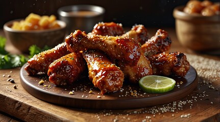 BBQ chicken wings with sticky glaze and sesame seeds