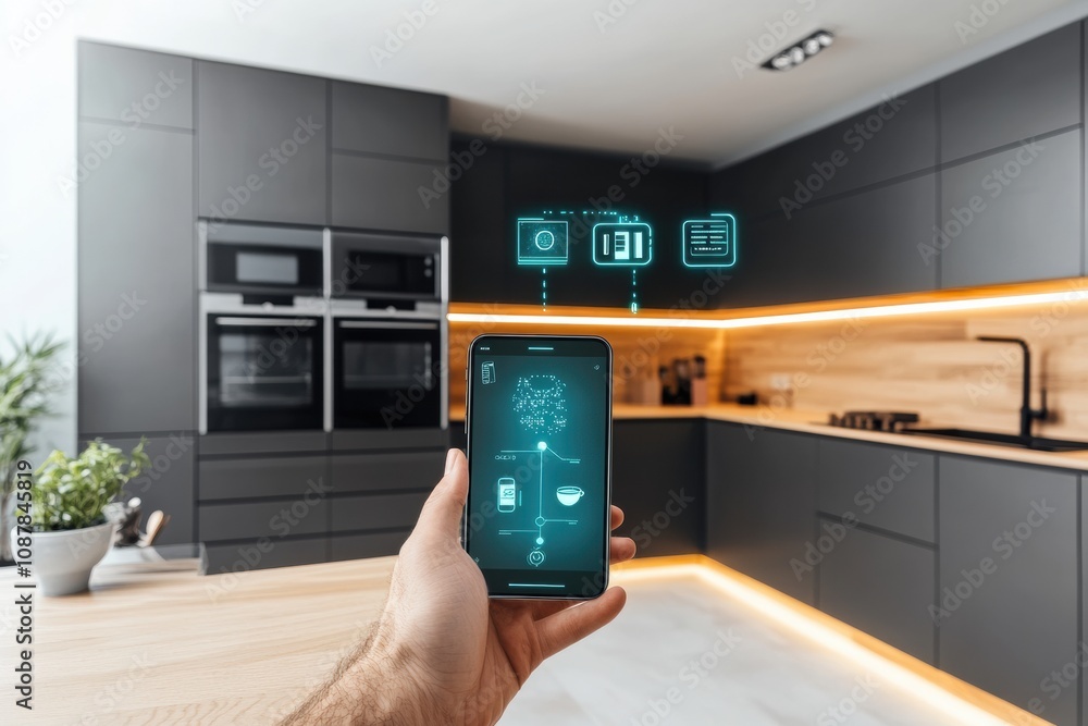 Poster a person is using a smartphone to control a smart appliance in a sleek modern kitchen with elegant d
