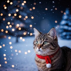 Adorable cat in a Christmas outfit, in the background of a winter evening