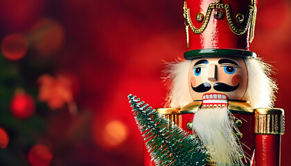 nutcracker, christmas, banner, red, color, new, copy space, closeup, bokeh, card, design, merry, xmas, decoration, holiday, toy, doll, celebration, season, santa claus, winter, santa, ornament, ad, 3d
