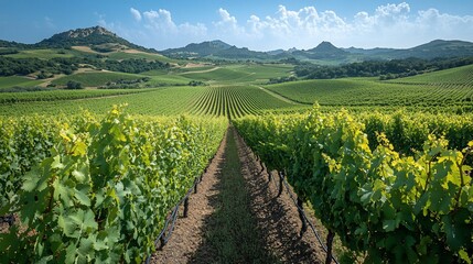 Obraz premium A scenic vineyard landscape under a blue sky, showcasing rows of grapevines and hills.