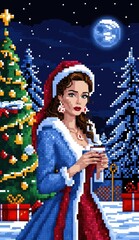Wallpaper, beautiful woman in christmas outfit in winter landscape, pixel art style