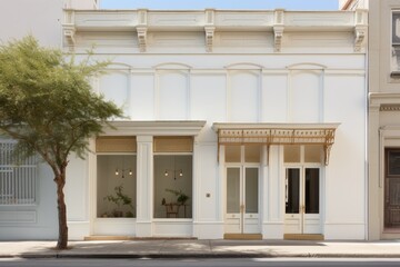 Fototapeta premium Chic white boutique storefront with black awning in european style downtown area