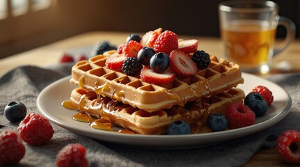 Crispy Belgian waffles drizzled with honey and topped with fresh berries