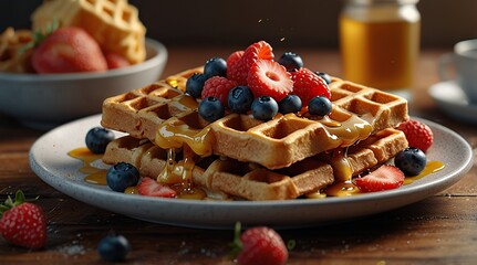 Crispy Belgian waffles drizzled with honey and topped with fresh berries