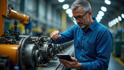 An engineer checks information on a smartphone while examining equipment in a busy manufacturing facility filled with machinery and tools