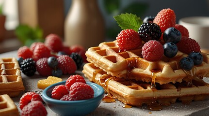 Crispy Belgian waffles drizzled with honey and topped with fresh berries