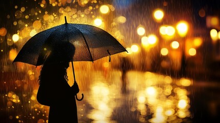 A woman walking in the rain at night, illuminated by streetlights.