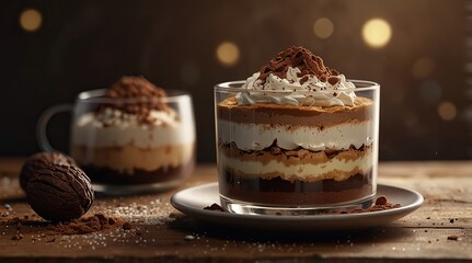 Layered tiramisu in a glass cup with cocoa dusting on top