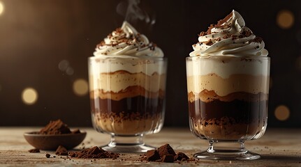 Layered tiramisu in a glass cup with cocoa dusting on top
