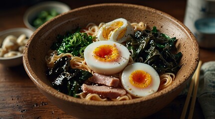 Ramen bowl with steaming broth