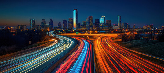 Fototapeta premium Busy city highway with light streaks at night