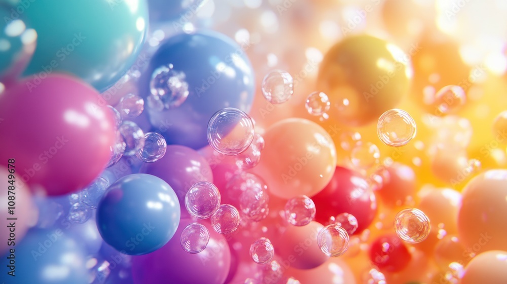 Poster abstract background with colorful spheres and transparent bubbles against a gradient background.