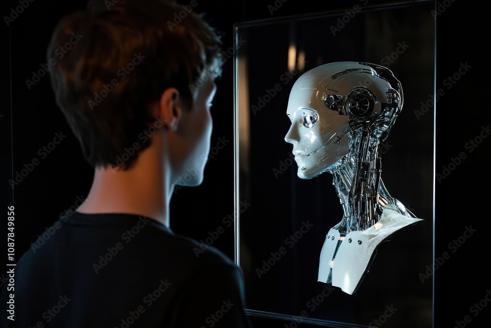 Poster a young individual observes their reflection in a digital mirror, revealing a robot's face in an adv