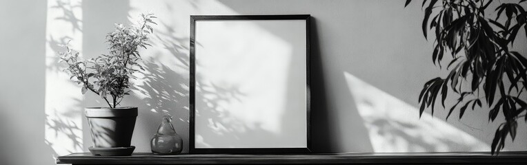 Blank minimalist picture frame on shelf with clean, modern interior design