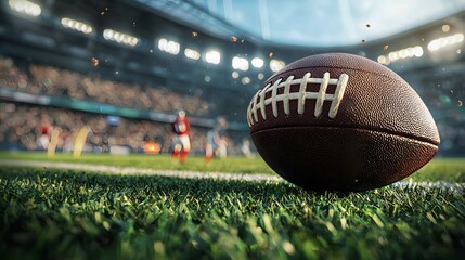 Close-up of faded anerican football or rugby ball on sunlit grass field at dusk. Casual sports, community spirit and nostalgic summer evenings